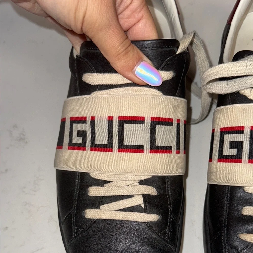 GUCCI 523469 ACE MEN'S SHOES BLACK CALF-SKIN LEATHER CASUAL SNEAKERS